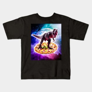 Tyrannosaurus Rex Dinosaur Riding Pizza In Space Kids T-Shirt